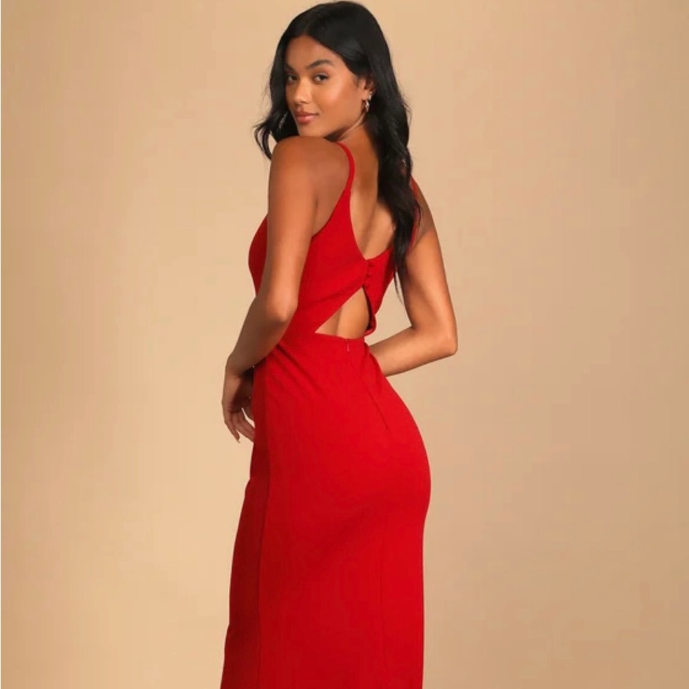 Lulus moment of bliss rust red backless mermaid maxi dress